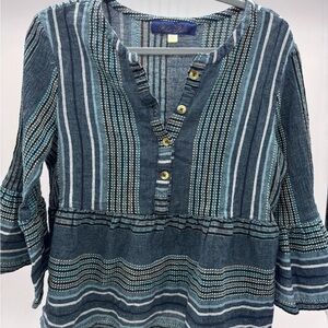 Blue Rain Blue/White Woven Babydoll Tunic Ruffle Hem Bell Sleeve Blouse, Size XL